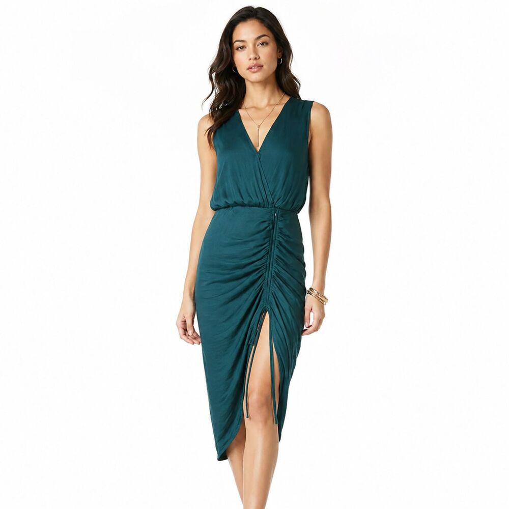 TART Collections Sloane Green Satin Ruched Drawstring Draped Midi Dress M NWT